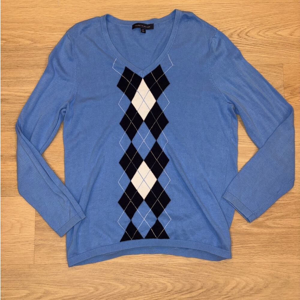 Tommy Hilfiger blue argyle blue v neck 100% cotton sweater mens size L